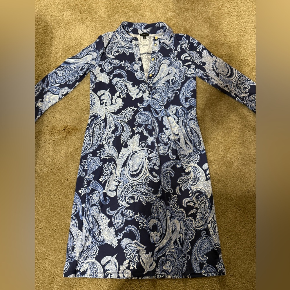 Talbots Navy Paisley 3/4‎ Sleeve Shift Dress Size S Small Polyester Spandex